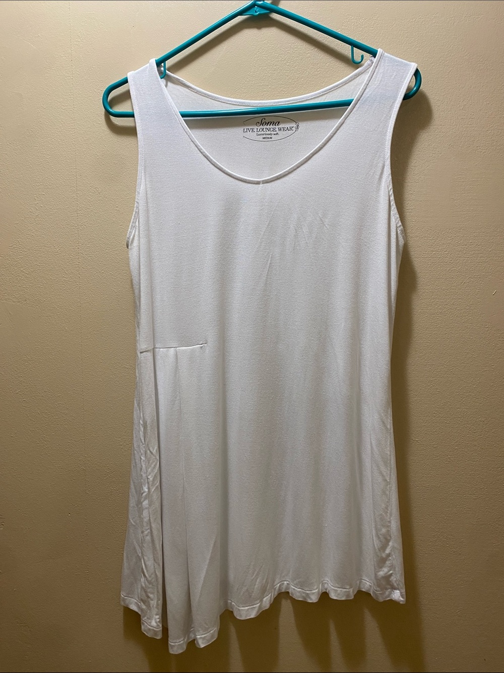 Soma White Scoop Neck Relaxed Tank Lounge Asymmetrical Dress w/ Side Pleats Med.